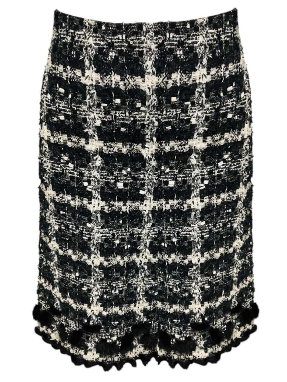 Oscar de la Renta Black / White / Charcoal Grey Tweed Skirt with Mink Fur Trim